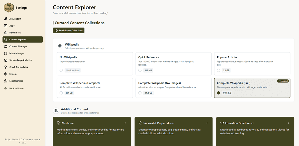 Content Explorer, browse and download Wikipedia, medical references, survival guides, and curated content collections