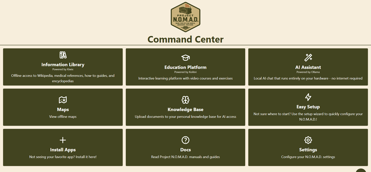 NOMAD Command Center Dashboard, your central hub for offline knowledge, AI, maps, and education